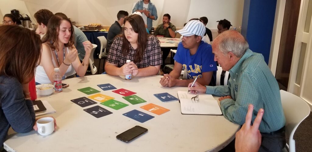 Participants discuss priorities around a table using Sustainable Development Goal cards.